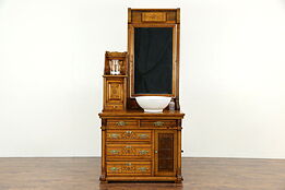Victorian Eastlake Antique 1870 Maple Ship Commode Chest & Mirror