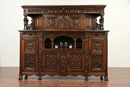 Oak French Antique Wine Cabinet, Jester, Knight, Bird, Unicorn Motifs #29858
