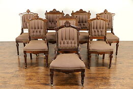 Victorian Group of 8 Antique Walnut Dining Chairs, Tufted Upholstery #31961
