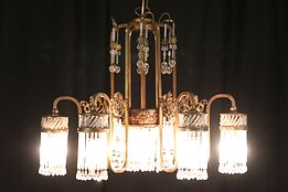 Art Deco Chandelier, 7 Light Bronze 1920's Antique Crystal Prism Shades #29651
