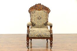 Scottish Carved Oak Antique Armchair, Coat of Arms, New Upholstery #31193