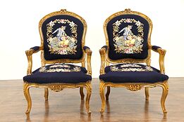 Pair French Vintage Beech Chairs, Needlepoint & Petit Point Upholstery #31166