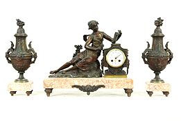French Antique 1890's Mantel Clock Set, Sculpture Signed Ruffany
