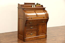 Victorian Eastlake 1890 Antique Cylinder Rolltop Carved Oak Desk