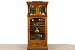 Oak Antique Bookcase or China Display Cabinet, Carved Birds & Gargoyle