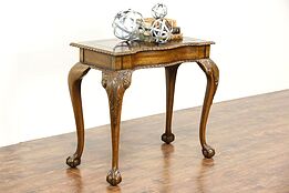Maitland Smith Signed Vintage Carved Hall Console Table, Tooled Leather Top