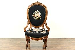 Victorian Antique 1860 Hand Carved Walnut Chair, Needlepoint Upholstery