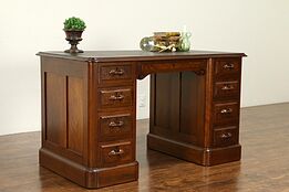 Victorian Antique Walnut & Burl Desk, Leather Top, Carved Pulls #31779
