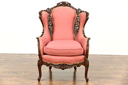 Vintage Wingchair, Carved Music & Figure Motifs, New Upholstery