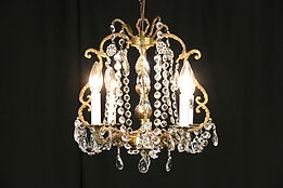Chandelier with 4 Candles, Vintage Gold Plate & Cut Crystal Prisms