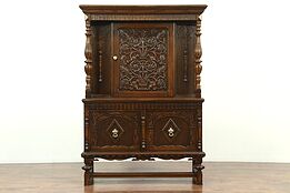 English Tudor Carved Oak Antique China or Bar Cabinet, Signed Hodell #28634