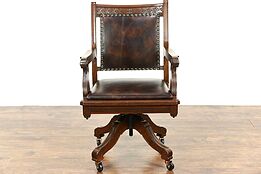 Victorian Eastlake 1890 Antique Walnut Swivel Desk Chair, New Leather