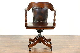 Swivel Adjustable 1910 Antique Walnut Desk Chair, Leather, Signed Taylor