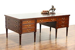 Kittinger Signed Vintage Library Writing Desk, Brass Feet, Tooled Leather
