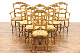 Set of 8 Country French Carved Oak Antique Dining Chairs, Rush Seats