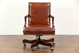Leather Swivel Adjustable Vintage Mahogany Desk Chair, Signed Hancock & Moore