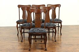 Set of 6 Antique Quarter Sawn Oak Dining Chairs, Paw Feet, New Upholstery #30176