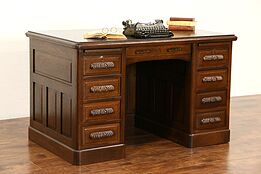Oak Quarter Sawn 1900 Antique Desk, Carved Pulls, Raised Panels