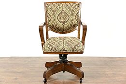 Oak 1914 Antique Swivel Adjustable Library or Office Desk Chair, New Upholstery