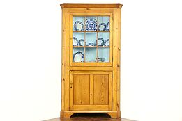 Country Pine New England Antique 1840's Corner Cabinet or Cupboard, Wavy Glass
