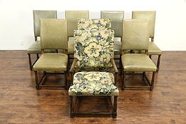 Set of 8 Large Vintage Fruitwood Dining Chairs, Leather & Fabric
