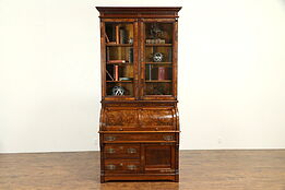 Victorian Antique Walnut Cylinder Roll Top Secretary Desk & Bookcase #30722