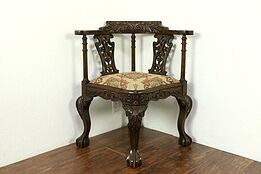 English 1890 Antique Carved Oak Corner Chair, Claw Feet, New Upholstery