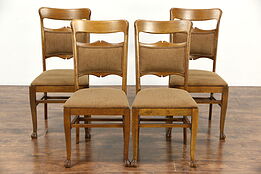 Set of 4 Oak 1900 Antique Dining or Game Chairs, New Upholstery