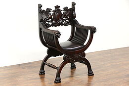 Savonarola Antique Italian Hall Chair, Carved Lions and Crest, Leather Seat