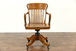Oak Swivel Adjustable 1910 Antique Desk Chair with Arms, Signed Marble of Ohio