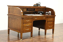Oak Quarter Sawn Antique 1900 Library Rolltop Desk, Signed Standard