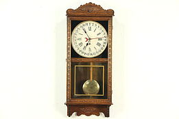 New Haven Victorian Antique 1890's Carved Oak Calendar Clock, Wavy Glass #28979