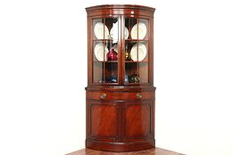 Drexel Travis Court Signed Vintage Mahogany Corner Cabinet, Curved Glass #30014