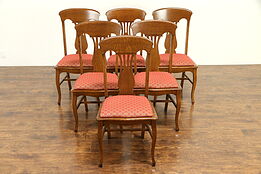 Set of 6 Carved Quarter Sawn Oak Antique Dining Chairs, New Upholstery #31603