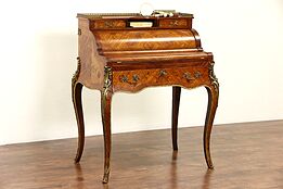 French Tulip & Rosewood Marquetry Vintage Roll Top Secretary Desk, Bronze Mounts