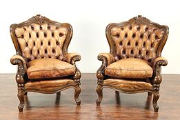 Pair of Carved Fruitwood Wing Back Chairs,Vintage, Tufted Leather, Italy #28973