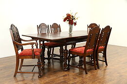 English Tudor Style Antique Oak & Walnut Dining Set, Table, 6 Chairs #31590