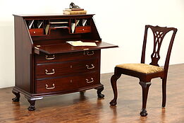 Georgian 1910 Antique Mahogany Secretary Desk & Chair, Carved Ball & Claw Feet