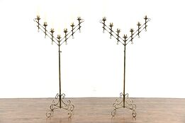 Pair Adjustable 7 Candle Vintage Wrought Iron Floor Candelabra
