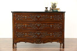Country French Vintage Carved Cherry Chest, Commode or Dresser, Granite Top