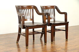 Pair of Quarter Sawn Antique Oak Banker, Office or Library Chairs Crocker #31605