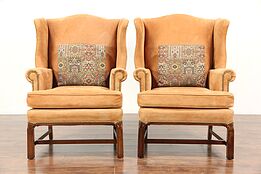 Pair of Vintage Suede Leather Wing Chairs, Signed Leathercraft