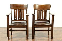 Pair of Arts & Crafts Antique Quarter Sawn Oak Craftsman Billiard Chairs #28864