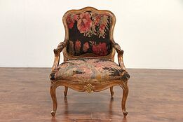 Country French Carved Hickory Large Vintage Chair, Brass Nailhead Trim #29535