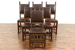 Italian Renaissance 1900 Antique Set of 6 Dining Chairs, Leather Upholstery