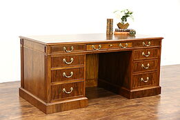 Traditional Vintage Custom Walnut Executive Office Desk, Leather Top