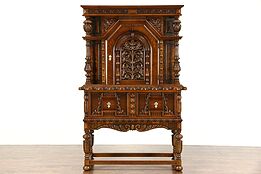 English Tudor 1925 Antique Carved Oak China or Bar Cabinet