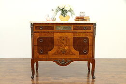 French Antique Rosewood Marquetry Chest, Cherub Plaque, Marble Top #31657