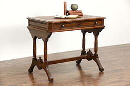 Victorian 1880 Antique Walnut Library Desk Writing Table, Leather Top