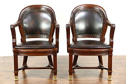 Pair 1910 Antique Carved Mahogany Executive or Library Chairs, New Leather
